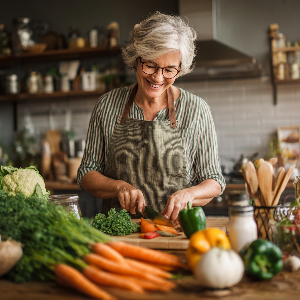 Smiling elderly European couple preparing fresh vegetables together in a bright kitchen, looking energetic and healthy