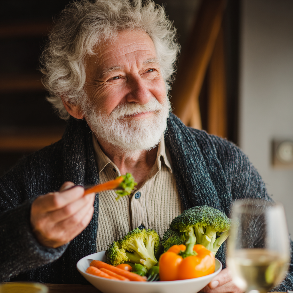 Elderly European man preparing a colorful plant-based meal with various vegetables and spices, smiling with satisfaction